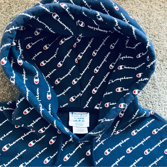 Champion All-Over Diagonal Logo Reverse Weave Hoody Sweatshirt Mens Size XL  EUC - Picture 7 of 11